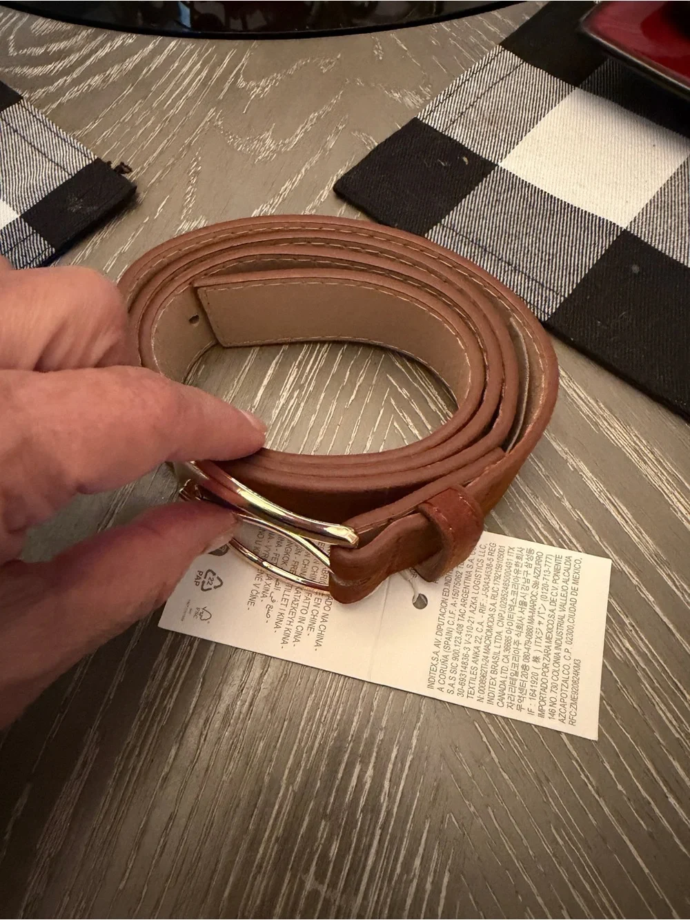 Zara Tan/Brown Leather Belt with Gold-Tone Buckle